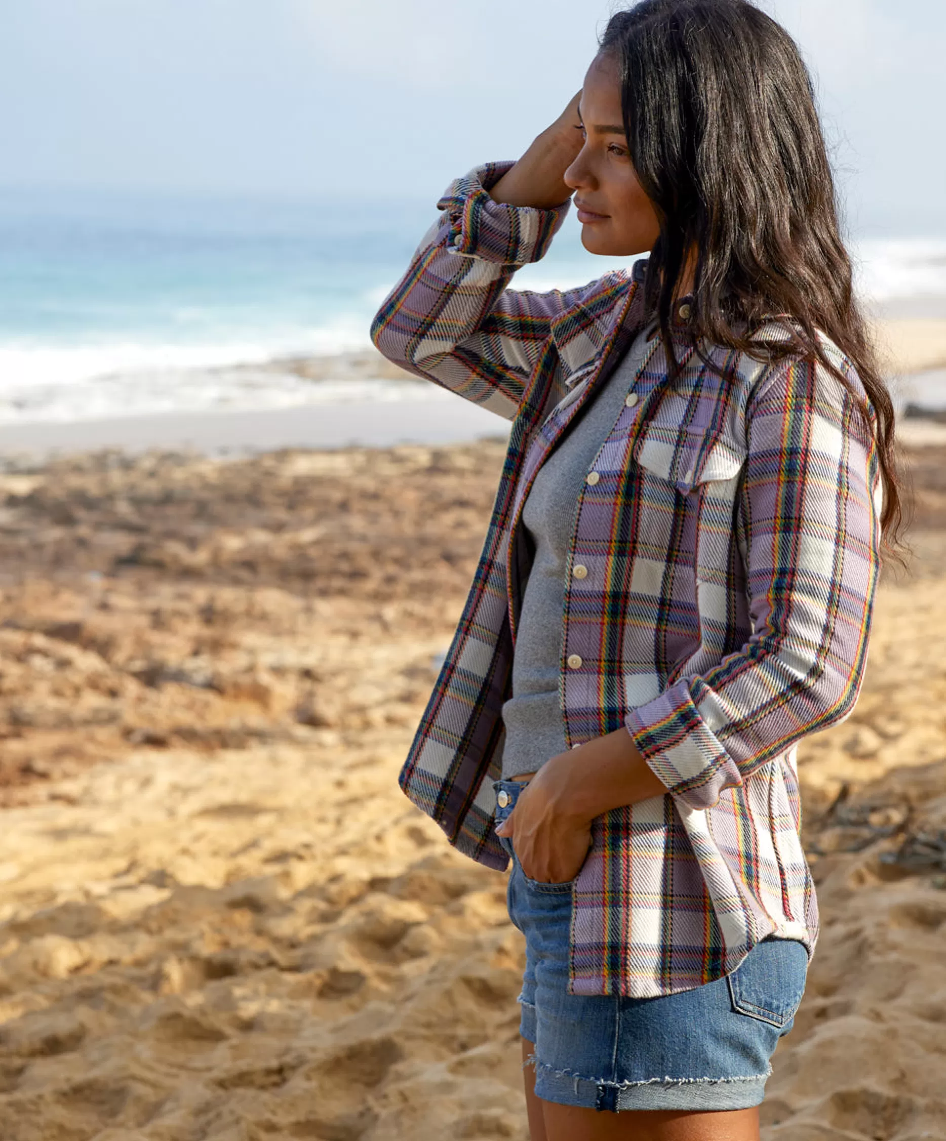 Outerknown Women's Blanket Shirt Mauve Rainbow Plaid Flash Sale