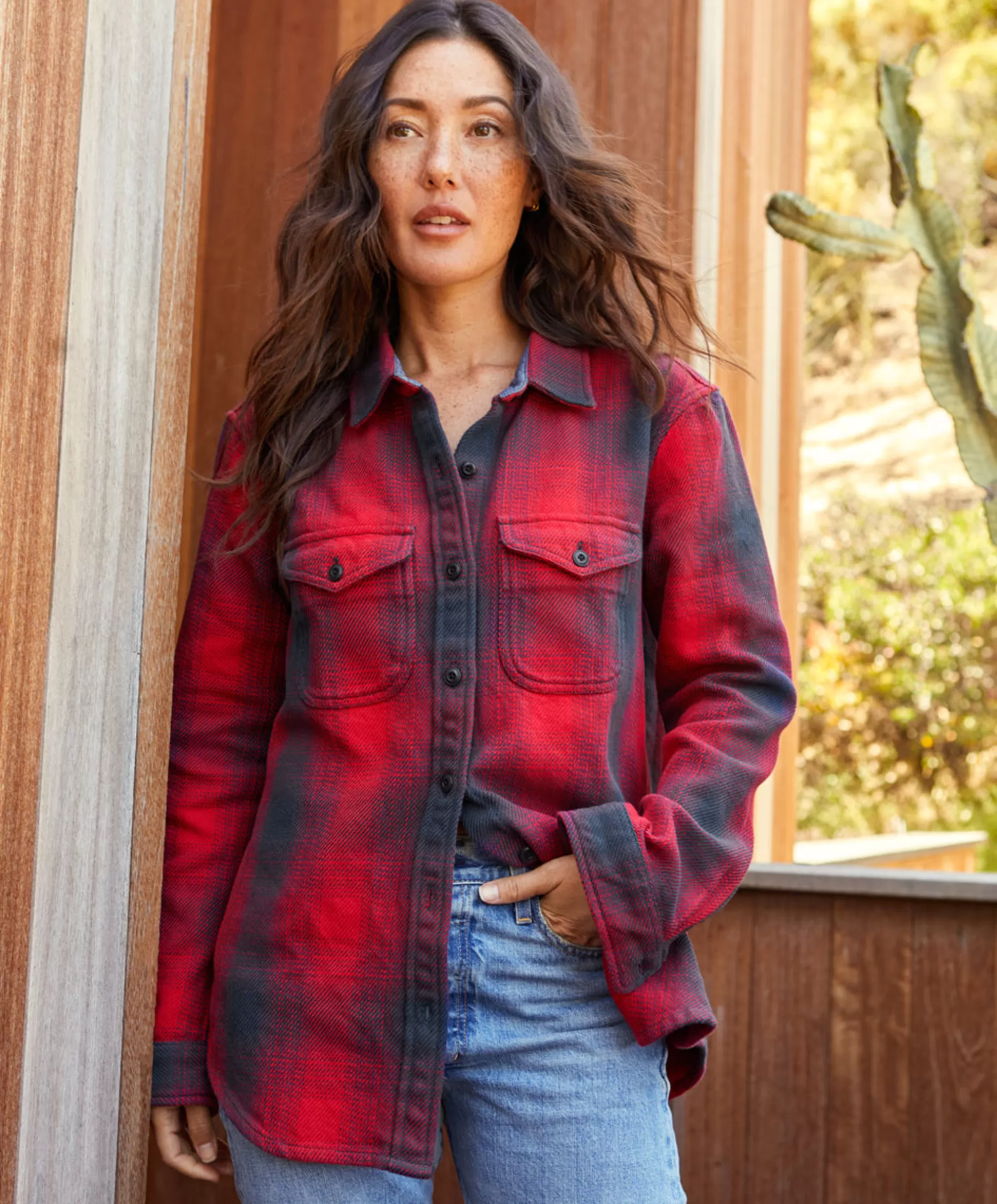 Outerknown Women's Blanket Shirt Safety Red Overlook Plaid Clearance